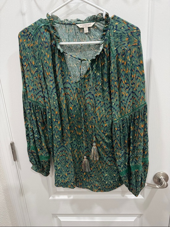Liverpool Tops - Liverpool Teal Green Patterned Tassel Peasant Top